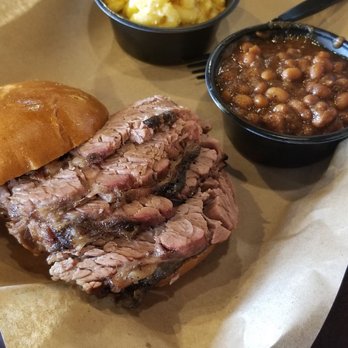 Mission BBQ - Moist brisket sandwich with baked breaks and Mac-N-Cheese. - Barbeque Near Me - Sterling, Virginia Mission BBQ - Moist brisket sandwich with baked breaks and Mac-N-Cheese. - Barbeque Near Me - Sterling, Virginia