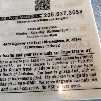 Eli's Jerusalem Grill - Menu items. - Falafel Near Me - Birmingham, Alabama Eli's Jerusalem Grill - Menu items. - Falafel Near Me - Birmingham, Alabama