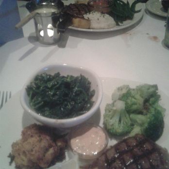 Bonefish Grill - Sirloin and crab cake with steamed broccoli and sauteed spinach. Woo hoo! - Seafood Near Me - Cape Coral, Florida Bonefish Grill - Sirloin and crab cake with steamed broccoli and sauteed spinach. Woo hoo! - Seafood Near Me - Cape Coral, Florida
