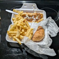 Chow Dog - Chilli dog half cheeseburger cut and half lg fries.