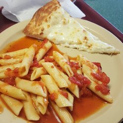 Adolfo's Pizza - Yeah!! Watery sauce and over cooked pasta. Notice the lovely plastic sheen on the pizza, Yum.