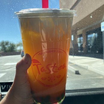 Tastea - Jasmine Iced Tea with salted caramel foam. The boba is red and green for the holidays kinda cool. - Bubble Tea Near Me - Glendale, Arizona