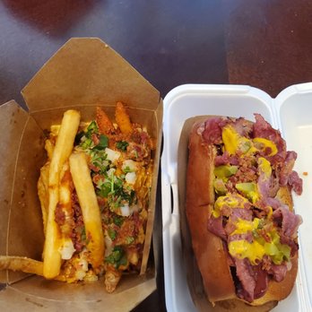 Dirt Dog Downey - Pastrami dog with dirty chili cheese fries. - Hot Dogs Near Me - Downey, California Dirt Dog Downey - Pastrami dog with dirty chili cheese fries. - Hot Dogs Near Me - Downey, California