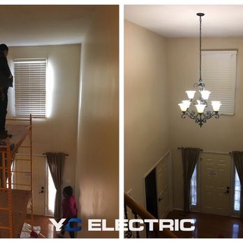 YC Electric - Installation of chandelier in foyer in 20ft ceiling. - Electricians Near Me YC Electric - Installation of chandelier in foyer in 20ft ceiling. - Electricians Near Me