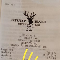 Study Hall - See prices on the bill...