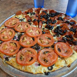 Roaring Rapids Pizza Co - Half veggie minus green peppers in Alfredo sauce and half pepperoni and olive with red sauce