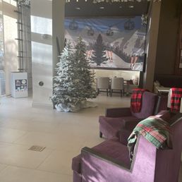 Lounge area in the back, festive for Christmas.