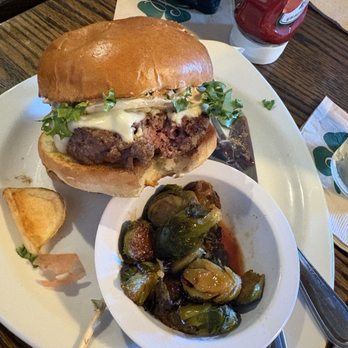 Patrick's Pub & Eatery - Big Paddy Mac with whisky sauce Brussels Sprouts side. Yum! - American Near Me - Gilford, New Hampshire