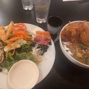 Miyo's Restaurant - Combination A (Shrimp and Vegetable Tempura and Sashimi) and the Tonkotsu Curry - Izakaya Near Me - Hilo, Hawaii Miyo's Restaurant - Combination A (Shrimp and Vegetable Tempura and Sashimi) and the Tonkotsu Curry - Izakaya Near Me - Hilo, Hawaii
