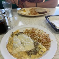 Grandma Vickie's Cafe - Philly cheese steak omelet, country fried steak (partners plate)