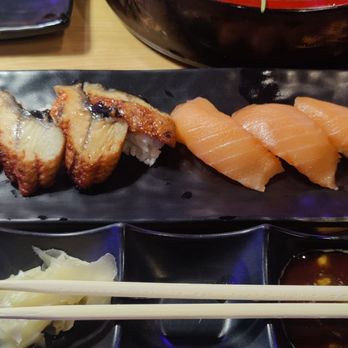 Sushi Damu - Spicy Scallop, Eel, and Salmon Nigiri - Sushi Bars Near Me - Tustin, California Sushi Damu - Spicy Scallop, Eel, and Salmon Nigiri - Sushi Bars Near Me - Tustin, California