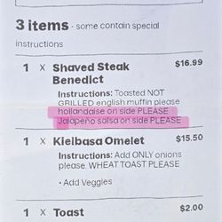 J's Brothers Restaurant - The slip clearly shows the modifications