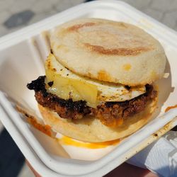 Nature's Last Stand Farm & Delivery - Chorizo breakfast sandwich on English muffin instead of brioche bun
