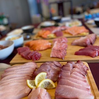 Tokyo Fish Market - Foreground - Hon Hamachi Background Left to Right - Salmon, maguro (tuna), Toro, Hamachi - Seafood Markets Near Me - Berkeley, California Tokyo Fish Market - Foreground - Hon Hamachi Background Left to Right - Salmon, maguro (tuna), Toro, Hamachi - Seafood Markets Near Me - Berkeley, California