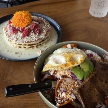 Pradera Brunch - Chilaquiles with carne asada & avocado Mazapan Pancakes - Breakfast & Brunch Near Me - Costa Mesa, California