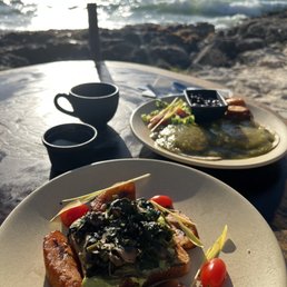 Vegan avocado toast & coffee. It comes with fruit & juice (not in picture). Ranchero eggs with green sauce