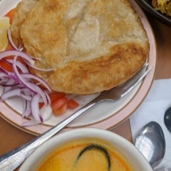Bagan Burmese Kitchen - Paratha with coconut curry sauce - Burmese Near Me - Los Angeles, California Bagan Burmese Kitchen - Paratha with coconut curry sauce - Burmese Near Me - Los Angeles, California