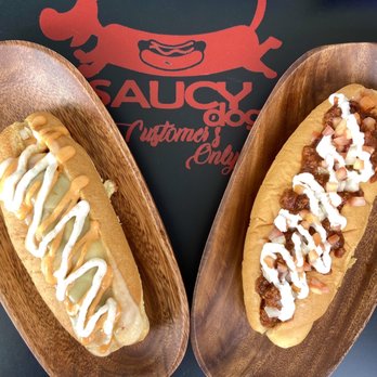 Saucy Dogs - Lava dog w/ garlic aioli (left) and Chili dog (right) - Hot Dogs Near Me - Hilo, Hawaii