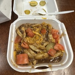 Goal Post Drive - Debris Fries (ate some) with cheese, tomato, and pickle.