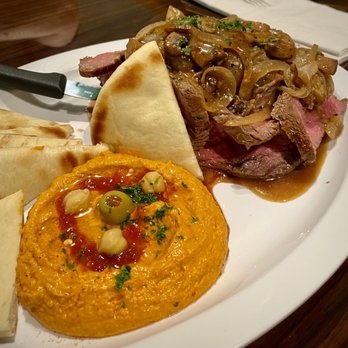 Odeh’s Mediterranean Kitchen - Beef tenderloin special with side of red pepper hummus and pita - Mediterranean Near Me - High Point, North Carolina Odeh’s Mediterranean Kitchen - Beef tenderloin special with side of red pepper hummus and pita - Mediterranean Near Me - High Point, North Carolina