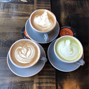 Foreigner - Clockwise from bottom left: Orange Blossom Latte, Café Latte, Culinary Matcha Latte w/French Lavender Syrup - Breakfast & Brunch Near Me - San Mateo, California Foreigner - Clockwise from bottom left: Orange Blossom Latte, Café Latte, Culinary Matcha Latte w/French Lavender Syrup - Breakfast & Brunch Near Me - San Mateo, California