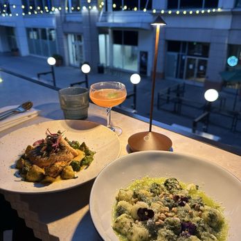 Eos & Nyx - Salmon on left, pesto gnocchi on right - Cocktail Bars Near Me - San Jose, California Eos & Nyx - Salmon on left, pesto gnocchi on right - Cocktail Bars Near Me - San Jose, California