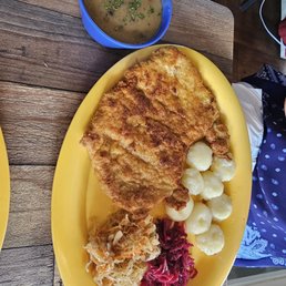 Jaeger Schnitzel with gravy on the side, another enormous portion.