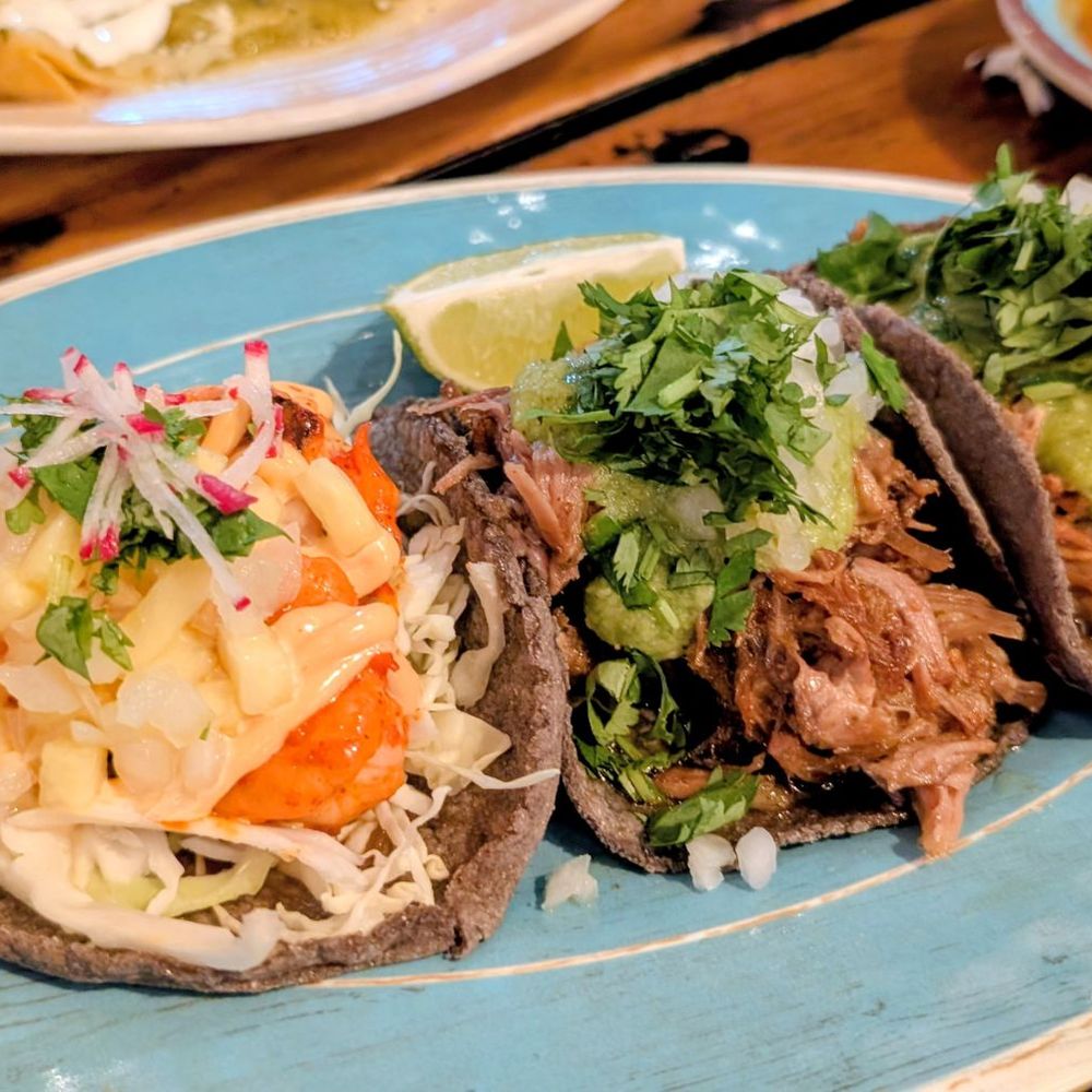 Two carnitas and one shrimp taco Happy hour style