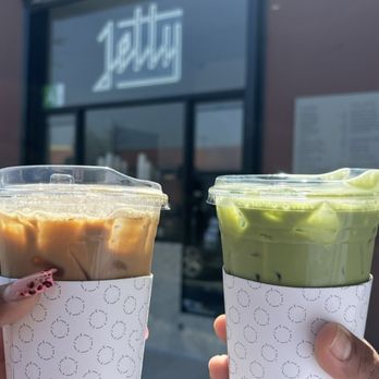 Jetty Coffee Roasters - iced angelino with oat milk and iced matcha latte - Coffee Roasteries Near Me - Los Angeles, California Jetty Coffee Roasters - iced angelino with oat milk and iced matcha latte - Coffee Roasteries Near Me - Los Angeles, California