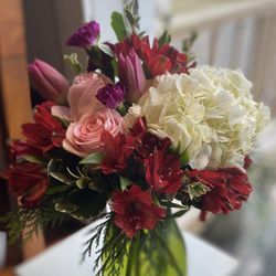 Blossoms and Blooms the Queen City Florist - Fresh Floral Arrangement with Hydrangeas and pink tulips