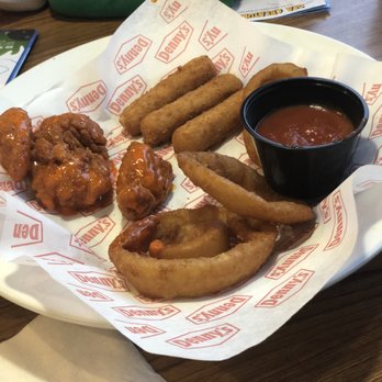 Denny's - 3 choice appetizer with Beer-Battered Onion Rings, New Boneless Chicken Wings, and Mozzarella Cheese Sticks - American Near Me - Fresno, California Denny's - 3 choice appetizer with Beer-Battered Onion Rings, New Boneless Chicken Wings, and Mozzarella Cheese Sticks - American Near Me - Fresno, California