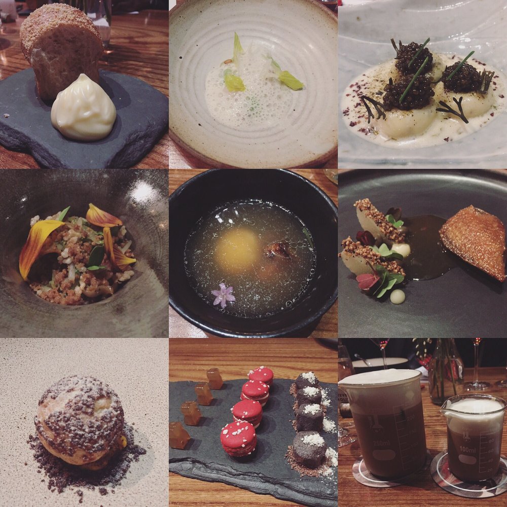 Lazy Bear - Dinner 12/8/17. 1) roll; 2) scallop; 3) sourdough dumpling; 4) abalone; 5) mushroom soup; 6) squab; 7) squash puff; 8) sweets; 9) cold brew - New American Near Me - San Francisco, California Lazy Bear - Dinner 12/8/17. 1) roll; 2) scallop; 3) sourdough dumpling; 4) abalone; 5) mushroom soup; 6) squab; 7) squash puff; 8) sweets; 9) cold brew - New American Near Me - San Francisco, California