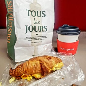 Tous Les Jours - Freshly baked Bacon and Egg Delicious Croissant Breakfast Sandwich and small Tiramisu. - Coffee & Tea Near Me - Malden, Massachusetts Tous Les Jours - Freshly baked Bacon and Egg Delicious Croissant Breakfast Sandwich and small Tiramisu. - Coffee & Tea Near Me - Malden, Massachusetts