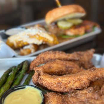 Bourbon On Main - onion rings, asparagus, and a burger - Cocktail Bars Near Me - Frankfort, Kentucky