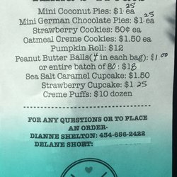 Alma's Treats - Cupcake and cookie order list with pricing