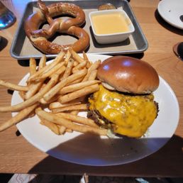 Huge pretzel with beer cheese & excellent all American smash burger. Huge pretzel with beer cheese & excellent all American smash burger.