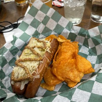 Mount Shasta Brewing - Bratwurst and a bag of chips.  Good - Brewpubs Near Me - Weed, California