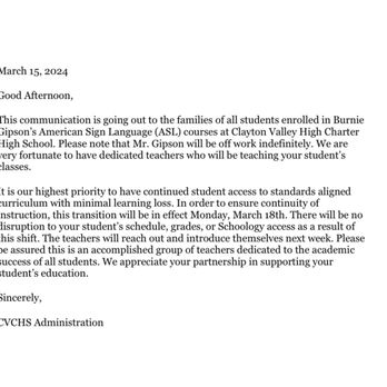 Clayton Valley Charter High School - Letter admin sent out regarding Mr. Gipson - Middle Schools & High Schools Near Me - Concord, California