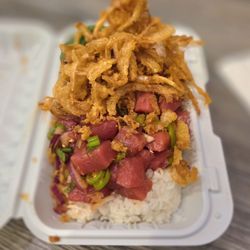 8oz Poke - Medium Tuna Poke with Green Onions,Red Onions, Jalapeño with Crispy Onions in Original Poke Sauce and Chili Oil