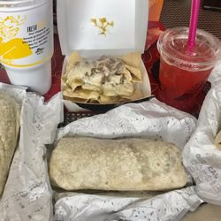 Epic Combo Beef Burrito with avocado & one without plus shrimp burrito large Diet Coke larges regular Real Strawberry Sprite with poppers