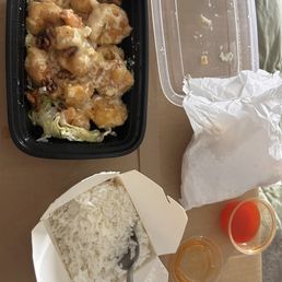 Honey walnut shrimp comes with rice. Crab puffs in bag Honey walnut shrimp comes with rice. Crab puffs in bag