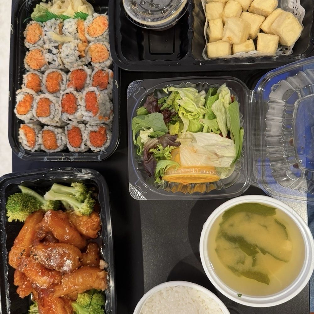 Sesame Chicken Spicy Roll Combo, White Rice, Miso Soup, side salad, side of crispy tofu squares Sesame Chicken Spicy Roll Combo, White Rice, Miso Soup, side salad, side of crispy tofu squares
