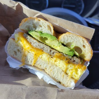 Regal Bagel Cafe - Jalapeno cheddar bagel with cheese, egg, sausage and avocado. - Bagels Near Me - Mountain View, California Regal Bagel Cafe - Jalapeno cheddar bagel with cheese, egg, sausage and avocado. - Bagels Near Me - Mountain View, California