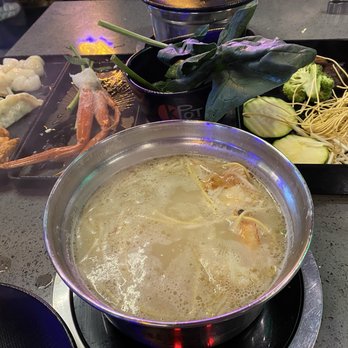 KPOT Korean BBQ & Hot Pot - Tonkotsu base soup and various foods to cook in it. - Korean Near Me - Webster, Texas