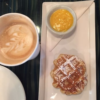 Medina Cafe - Waffle with passion fruit sauce and a lavender latte - Breakfast & Brunch Near Me - Vancouver, British Columbia