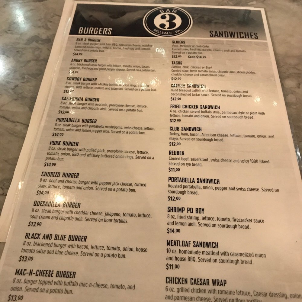 Bar 3 Millvale - Menu side 2 - New American Near Me - Millvale, Pennsylvania