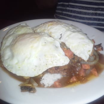 Eggs 'n Things - Hawaiian Loco Moco (w/ Portuguese sausage, onions and mushrooms) - Breakfast & Brunch Near Me - Honolulu, Hawaii