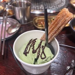 Green tea ice cream with churros