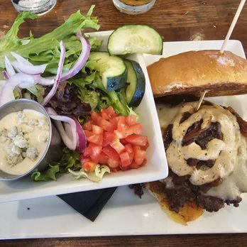 Muck & Fuss - The Hatfield with a side salad with blue cheese dressing - Burgers Near Me - New Braunfels, Texas Muck & Fuss - The Hatfield with a side salad with blue cheese dressing - Burgers Near Me - New Braunfels, Texas