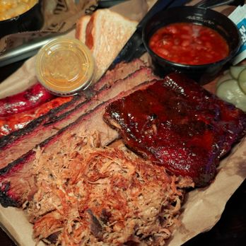 Mac's Speed Shop - Sampler Platter with pulled pork, pork ribs, brisket, sausage - Barbeque Near Me - Raleigh, North Carolina Mac's Speed Shop - Sampler Platter with pulled pork, pork ribs, brisket, sausage - Barbeque Near Me - Raleigh, North Carolina